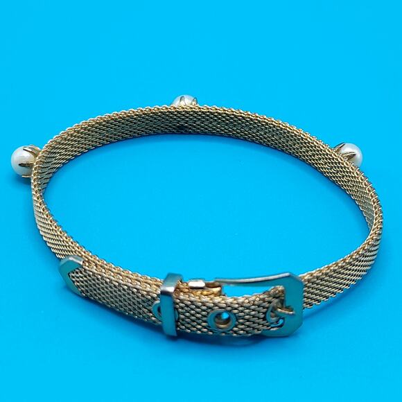 Vintage Mesh Faux Pearl Bracelet, Belt Style Buckle, Mid-Century Jewelry - Picture 14 of 14